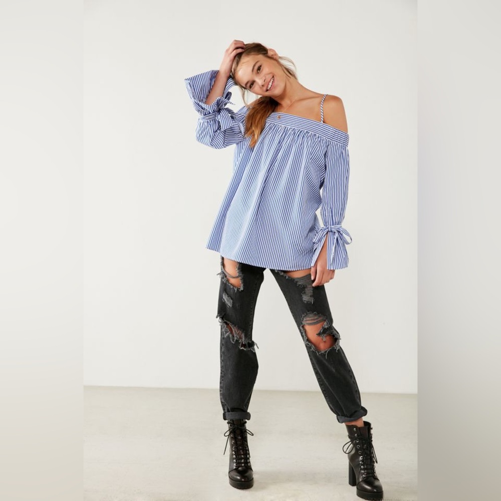 Kimchi Blue off the shoulder bow striped blouse top